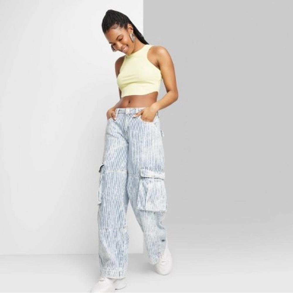 Women’s mid rise cargo baggy wide leg utility jeans - Wild Fable